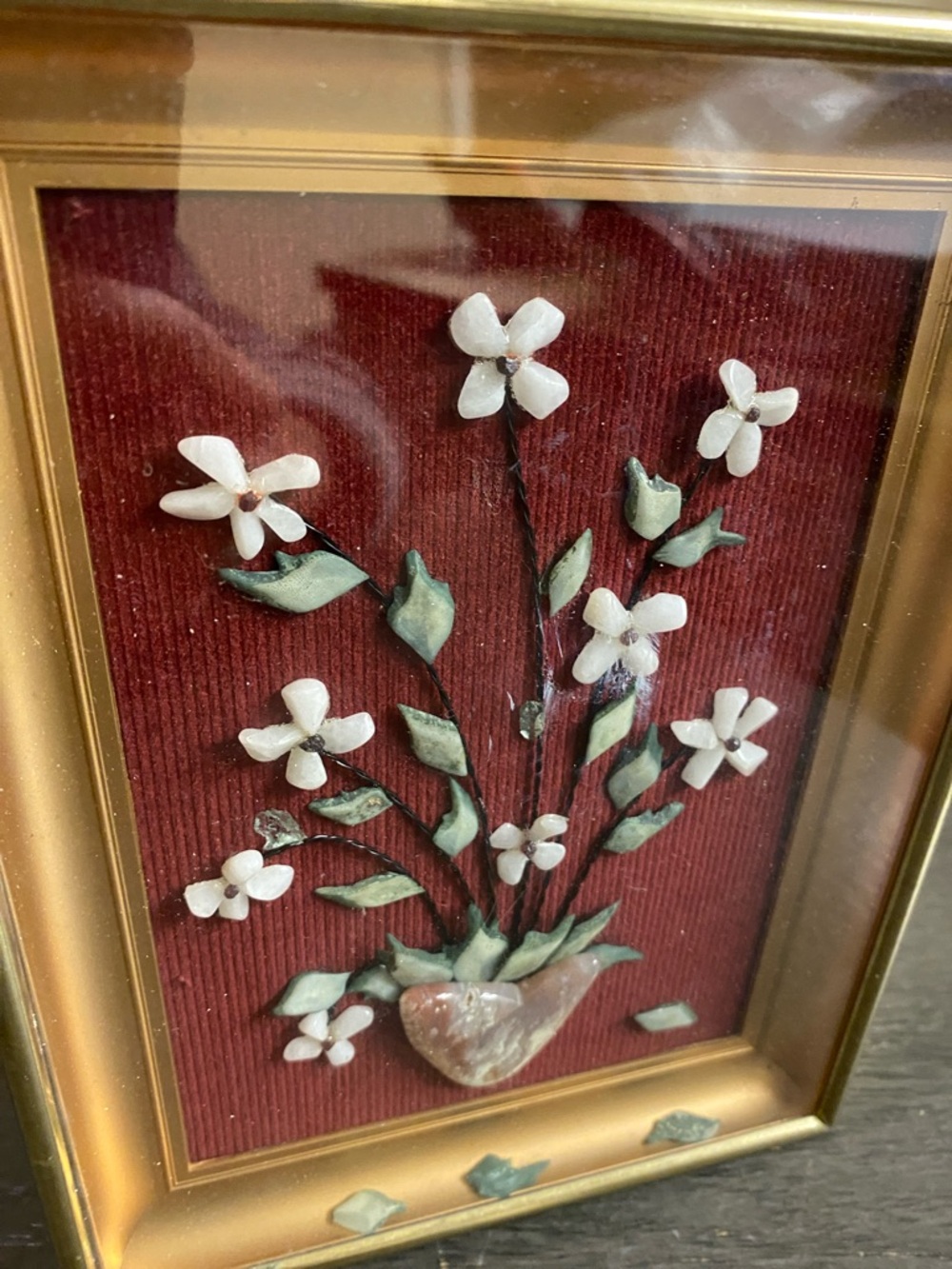 Gold Framed Shell Flower Art in White and Green